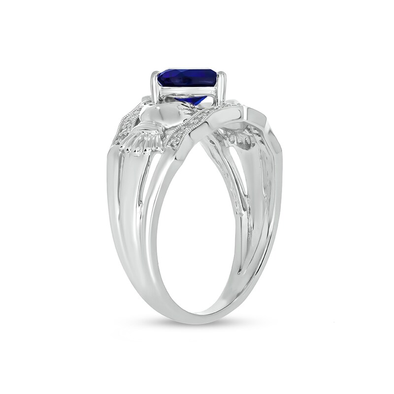 Main Image 2 of 6.0mm Heart-Shaped Blue Lab-Created Sapphire and 1/10 CT. T.W. Diamond Vintage-Style Claddagh Ring in Sterling Silver