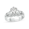 Thumbnail Image 1 of 6.0mm Heart-Shaped White Lab-Created Sapphire and 1/10 CT. T.W. Diamond Claddagh Bridal Set in Sterling Silver