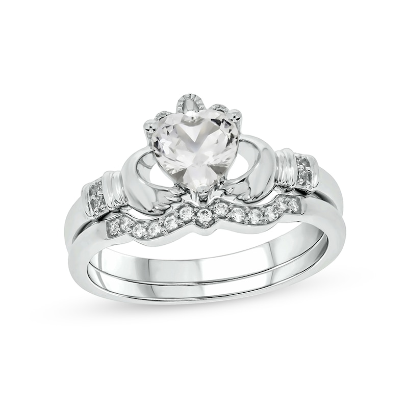 Main Image 1 of 6.0mm Heart-Shaped White Lab-Created Sapphire and 1/10 CT. T.W. Diamond Claddagh Bridal Set in Sterling Silver