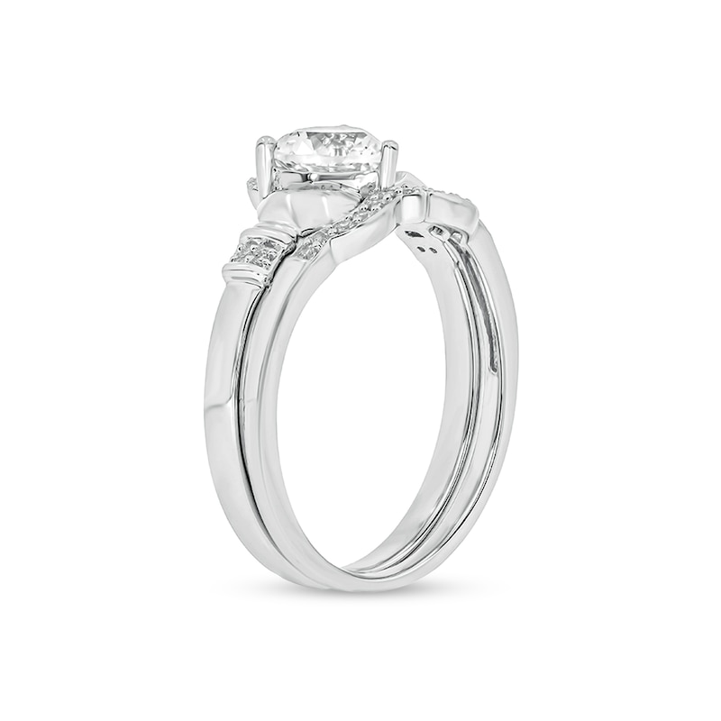 Main Image 2 of 6.0mm Heart-Shaped White Lab-Created Sapphire and 1/10 CT. T.W. Diamond Claddagh Bridal Set in Sterling Silver