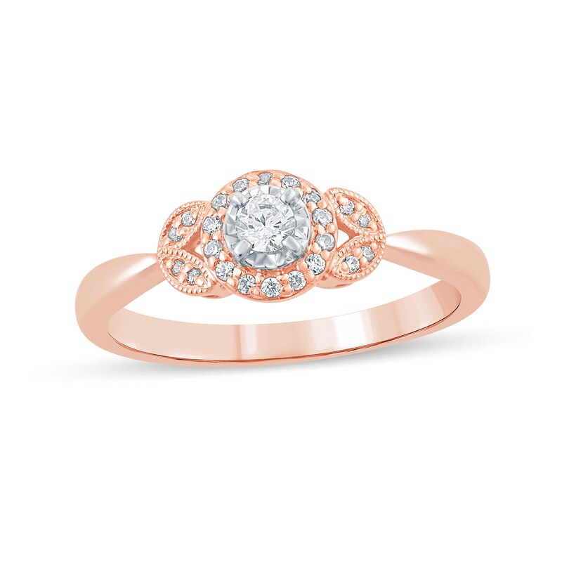 Main Image 1 of 1/5 CT. T.W. Diamond Frame Leaf-Sides Vintage-Style Engagement Ring in 10K Rose Gold