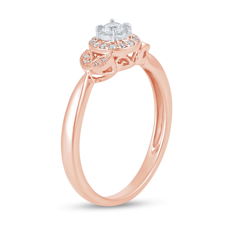 Main Image 2 of 1/5 CT. T.W. Diamond Frame Leaf-Sides Vintage-Style Engagement Ring in 10K Rose Gold