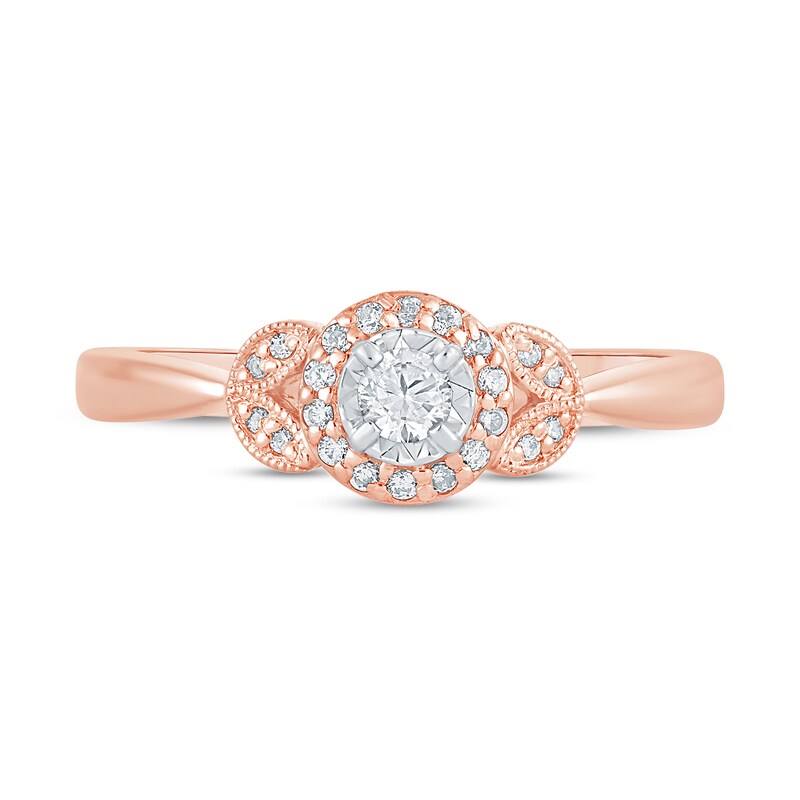 Main Image 3 of 1/5 CT. T.W. Diamond Frame Leaf-Sides Vintage-Style Engagement Ring in 10K Rose Gold