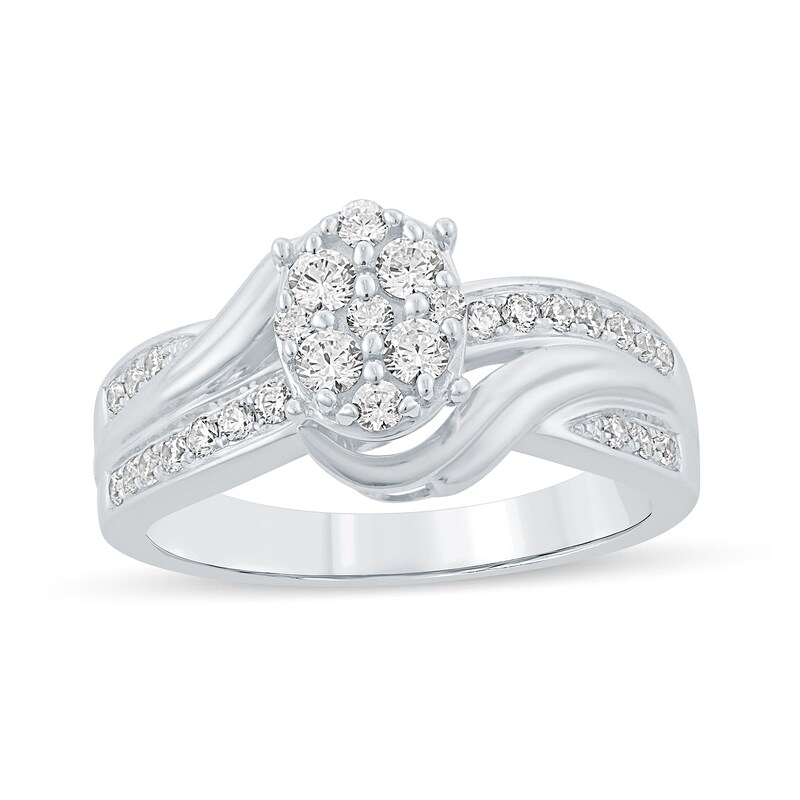Main Image 1 of 1/2 CT. T.W. Oval-Shaped Multi-Diamond Bypass Ribbon Engagement Ring in 10K White Gold