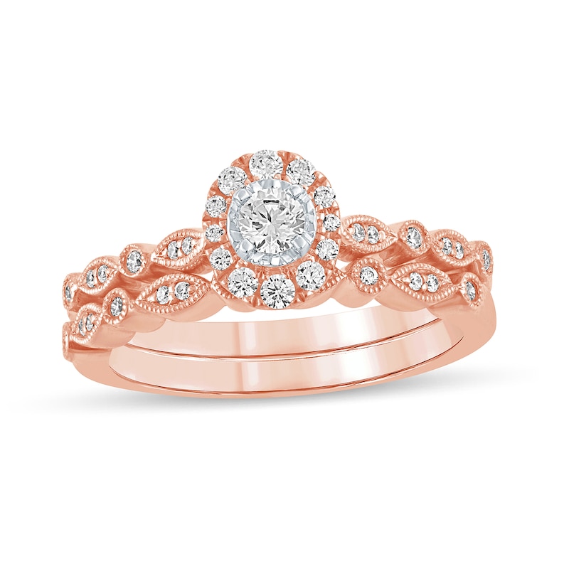 Main Image 1 of 3/8 CT. T.W. Diamond Oval-Shaped Frame Art Deco Bridal Set in 14K Rose Gold