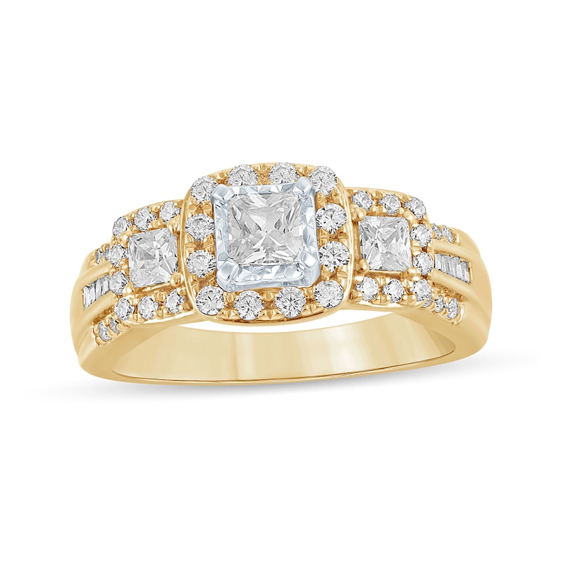 1 CT. T.W. Princess-Cut Diamond Three Stone Frame Triple Row Engagement Ring in 14K Gold