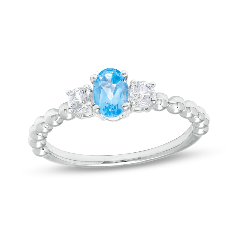 Main Image 1 of Oval Blue Topaz and White Lab-Created Sapphire Three Stone Bead Ring in Sterling Silver