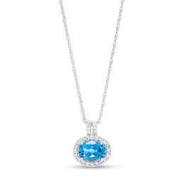 Oval London Blue Topaz and White Lab-Created Sapphire Frame Drop Pendant in Sterling Silver