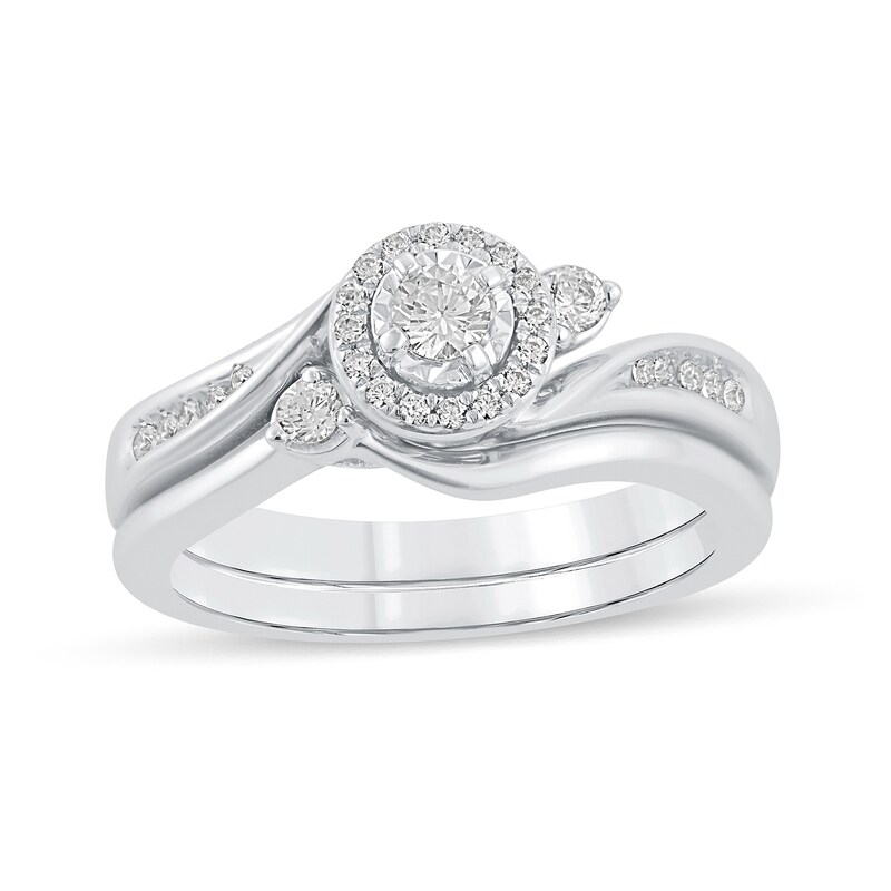 1/3 CT. T.W. Diamond Frame Side Accent Slant Swirl Bypass Shank Bridal Set in 14K White Gold