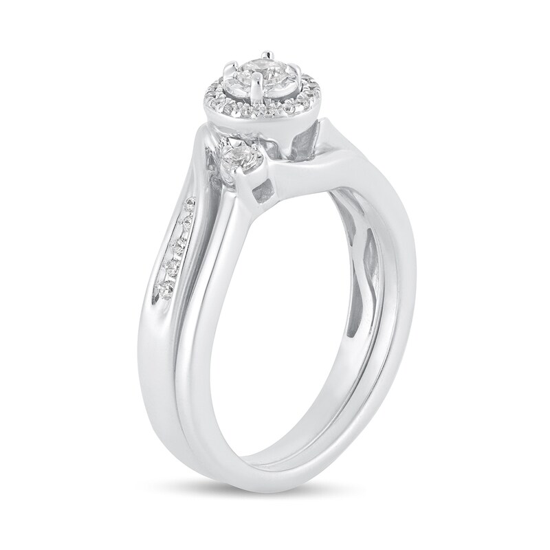 1/3 CT. T.W. Diamond Frame Side Accent Slant Swirl Bypass Shank Bridal Set in 14K White Gold