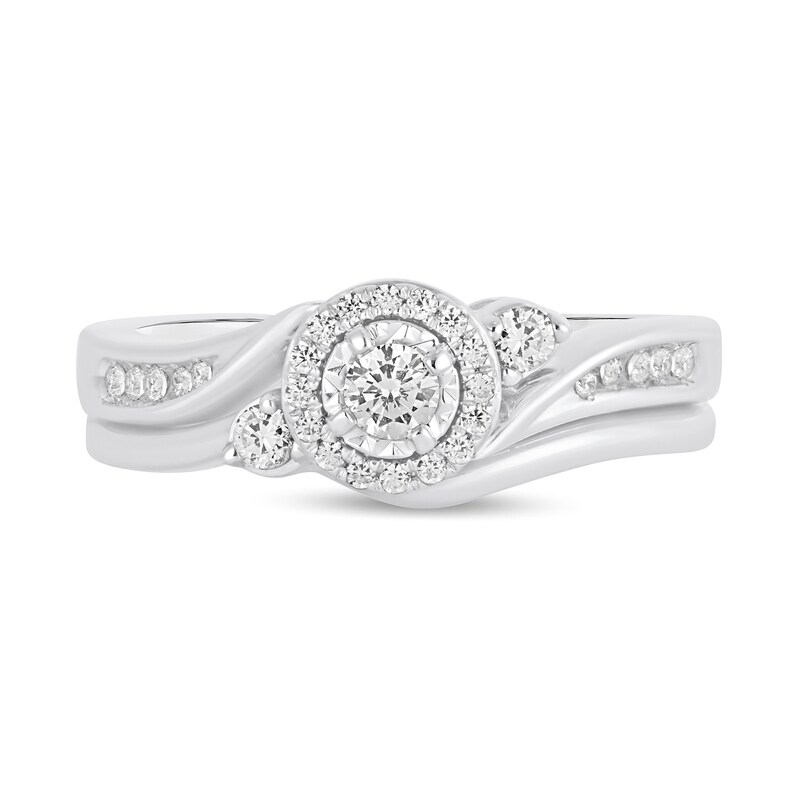 1/3 CT. T.W. Diamond Frame Side Accent Slant Swirl Bypass Shank Bridal Set in 14K White Gold
