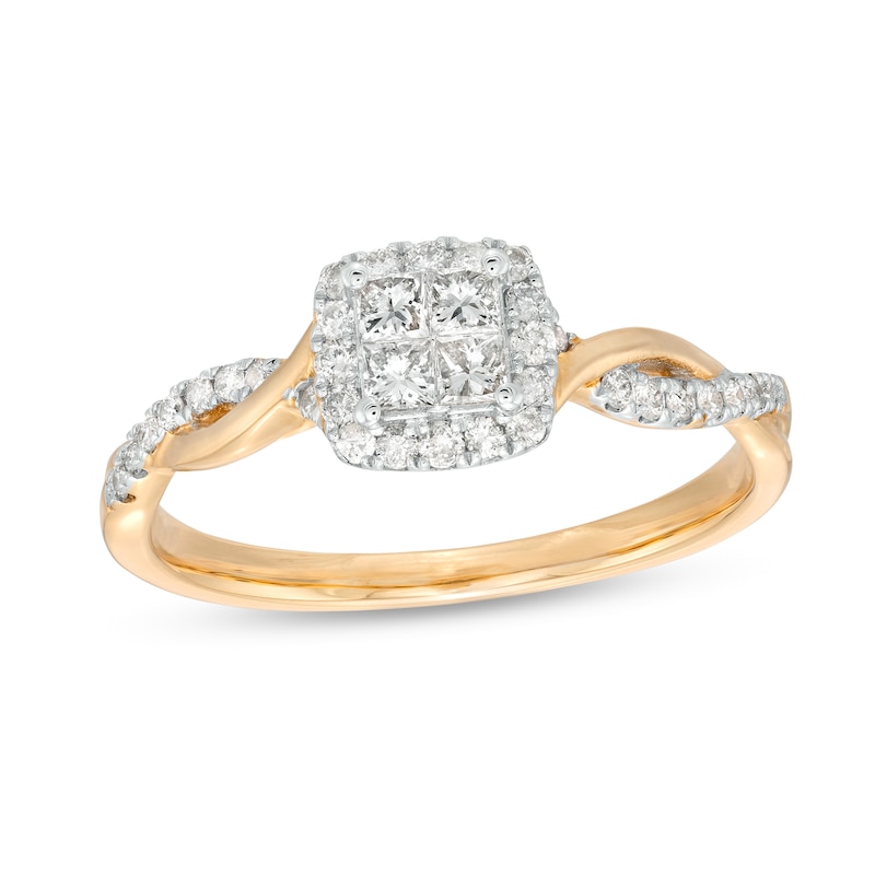 Main Image 1 of 3/8 CT. T.W. Quad Princess-Cut Diamond Cushion-Shaped Frame Twist Shank Engagement Ring in 10K Gold (I/I2)