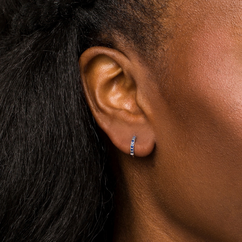 Main Image 2 of Blue Sapphire Huggie Hoop Earrings in 10K White Gold