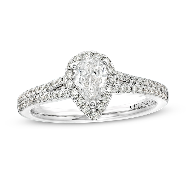 Main Image 1 of Celebration Infinite™ 1 CT. T.W. Certified Pear-Shaped Diamond Frame Engagement Ring in 14K White Gold (I/SI2)