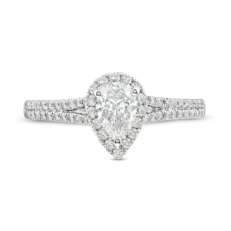 Main Image 4 of Celebration Infinite™ 1 CT. T.W. Certified Pear-Shaped Diamond Frame Engagement Ring in 14K White Gold (I/SI2)