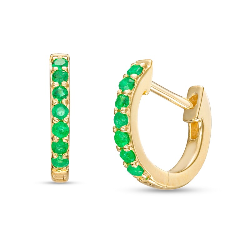Main Image 1 of Emerald Huggie Hoop Earrings in 10K Gold