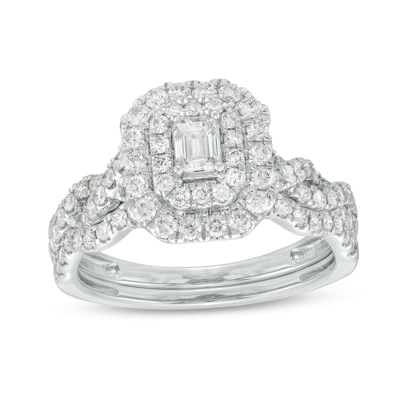 Main Image 1 of 1 CT. T.W. Emerald-Cut Diamond Double Frame Twist Shank Bridal Set in 14K White Gold (I/SI2)