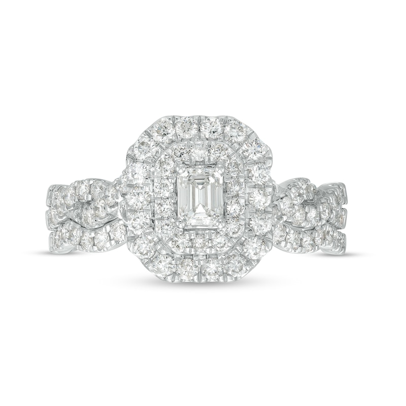 Main Image 3 of 1 CT. T.W. Emerald-Cut Diamond Double Frame Twist Shank Bridal Set in 14K White Gold (I/SI2)