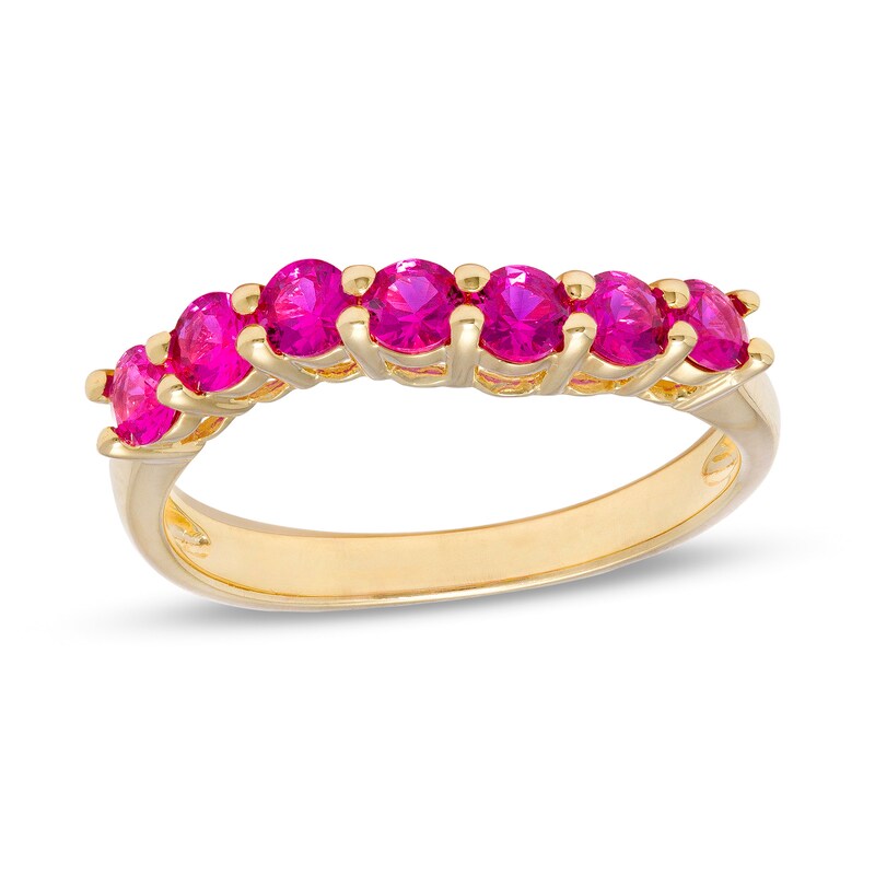 Main Image 1 of Lab-Created Ruby Seven Stone Band in Sterling Silver with 18K Gold Plate