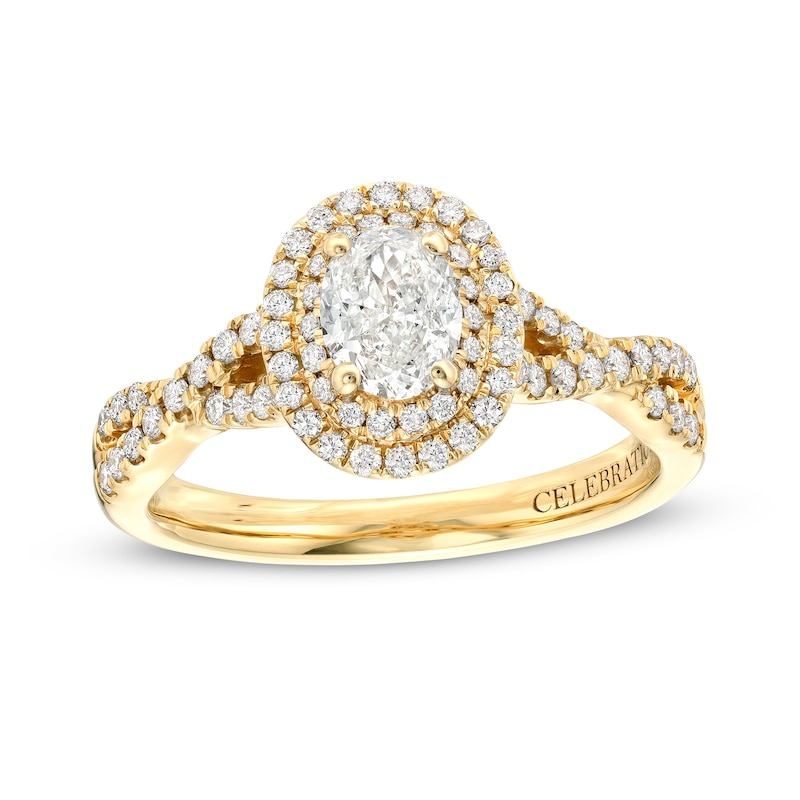 Main Image 1 of Celebration Infinite™ 1 CT. T.W. Certified Oval Diamond Double Frame Twist Shank Engagement Ring in 14K Gold (I/SI2)