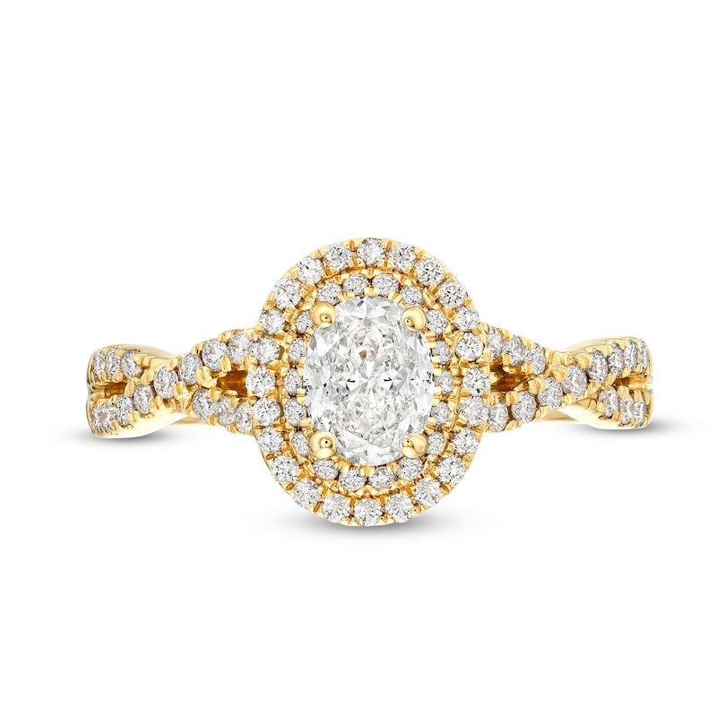 Main Image 3 of Celebration Infinite™ 1 CT. T.W. Certified Oval Diamond Double Frame Twist Shank Engagement Ring in 14K Gold (I/SI2)