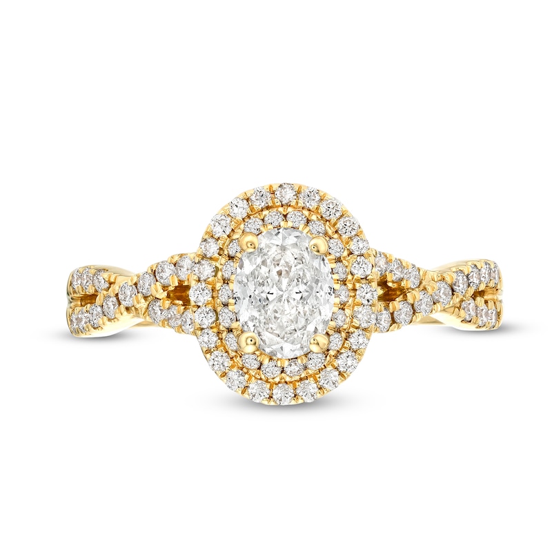 Celebration Infinite™ 1 CT. T.W. Certified Oval Diamond Double Frame Twist Shank Engagement Ring in 14K Gold (I/SI2)