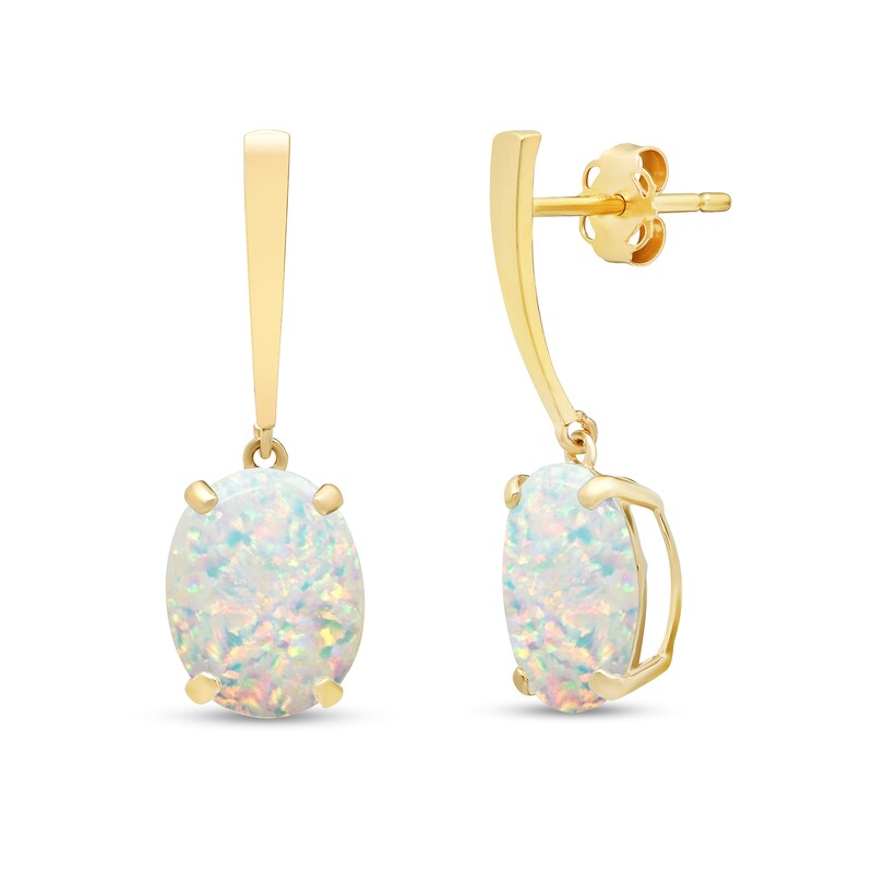 Main Image 1 of Oval Lab-Created Opal Solitaire Drop Earrings in 14K Gold