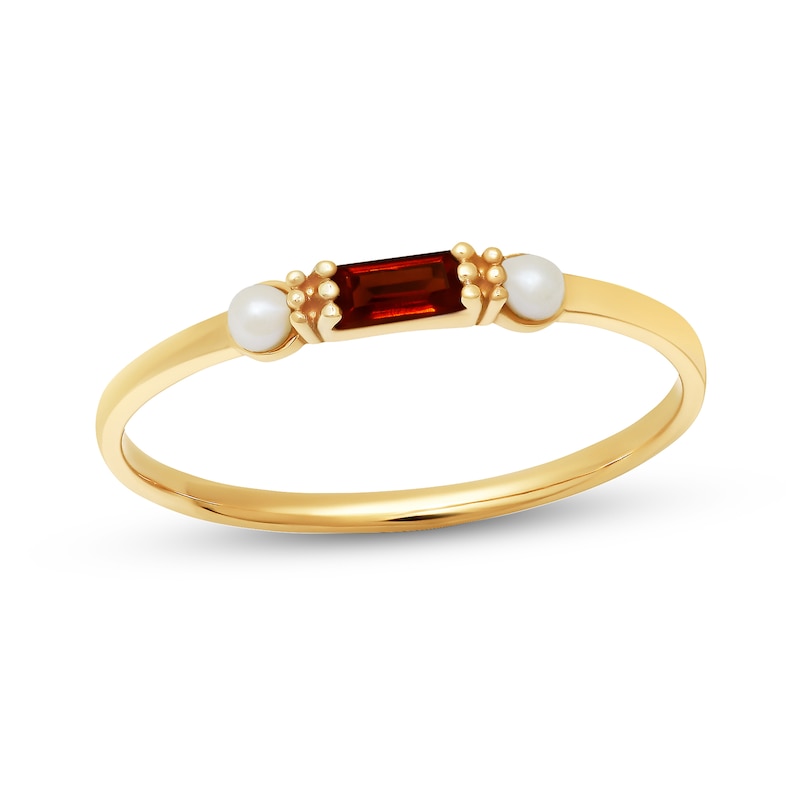 Main Image 1 of Sideways Baguette Garnet and Freshwater Cultured Pearl Side Accent Ring in 14K Gold