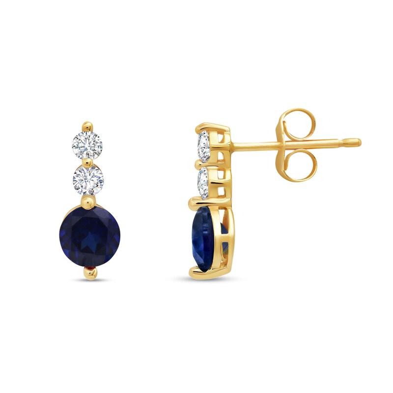 Main Image 1 of 5.0mm Blue and White Lab-Created Sapphire Linear Three Stone Stud Earrings in 14K Gold