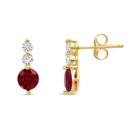 5.0mm Lab-Created Ruby and White Lab-Created Sapphire Linear Three Stone Stud Earrings in 14K Gold