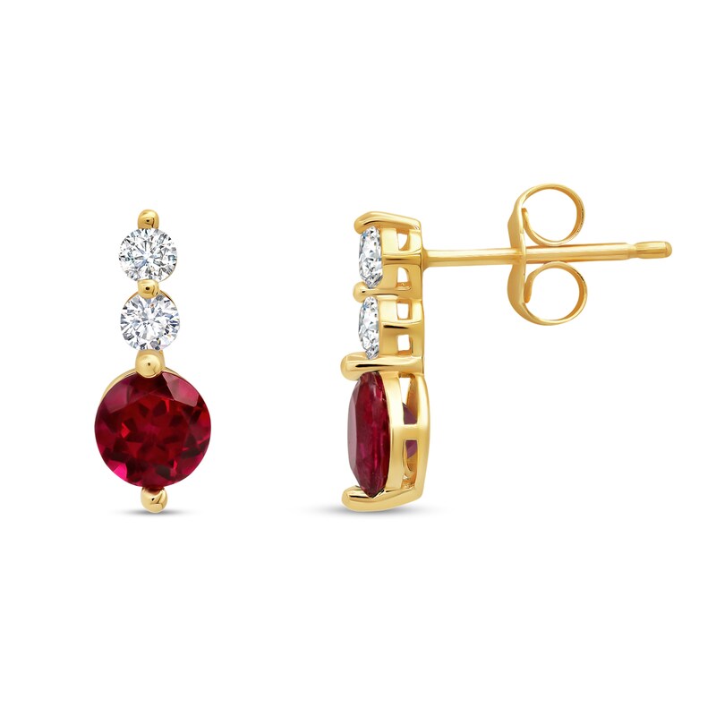 Main Image 1 of 5.0mm Lab-Created Ruby and White Lab-Created Sapphire Linear Three Stone Stud Earrings in 14K Gold