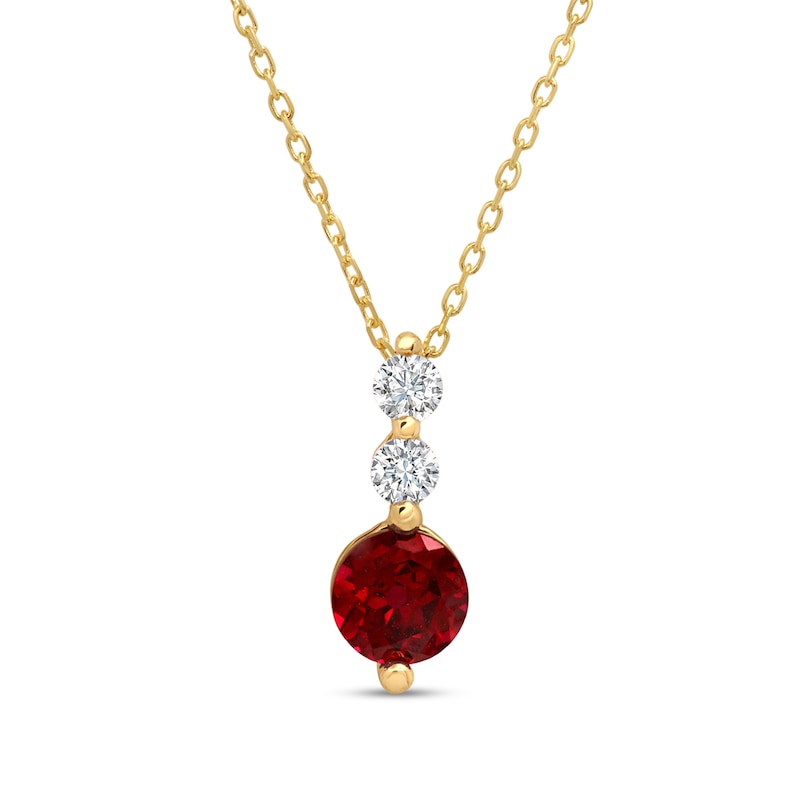 5.0mm Lab-Created Ruby and White Lab-Created Sapphire Linear Three Stone Pendant in 14K Gold