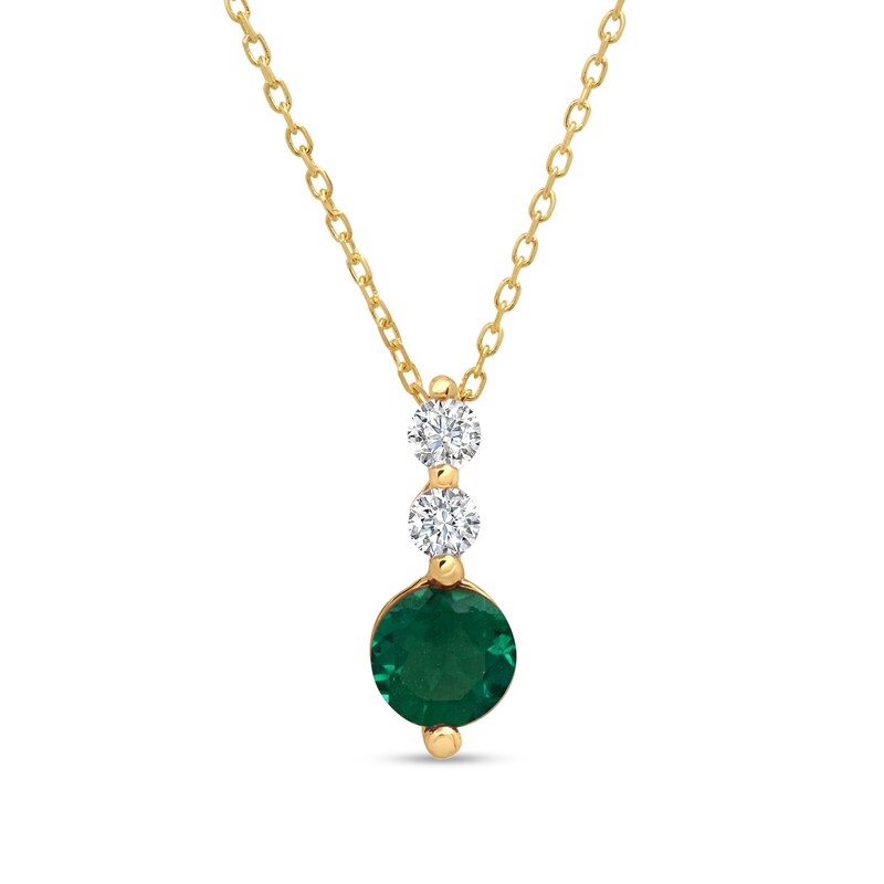 Main Image 1 of 5.0mm Lab-Created Emerald and White Lab-Created Sapphire Linear Three Stone Pendant in 14K Gold