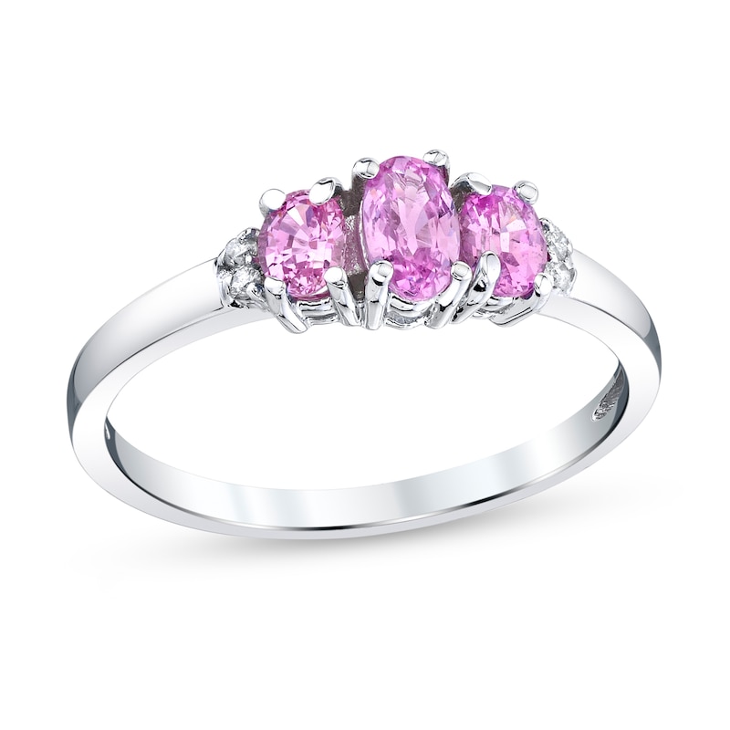 Main Image 1 of Oval Pink Sapphire and Diamond Accent Three Stone Ring in 14K White Gold