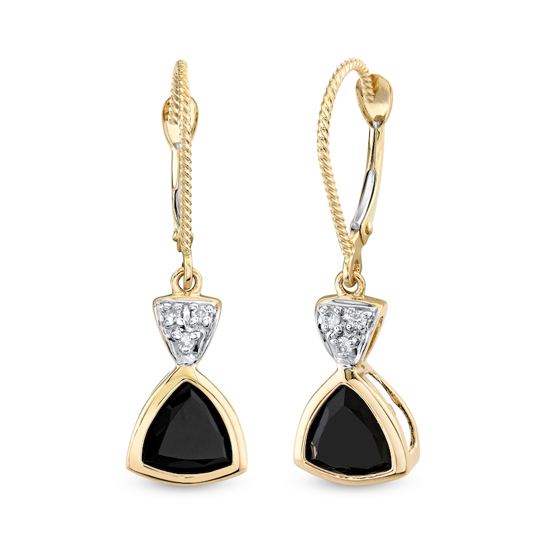 7.0mm Trillion-Cut Onyx and 1/20 CT. T.W. Diamond Tri-Top Rope-Textured Drop Earrings in 14K Gold