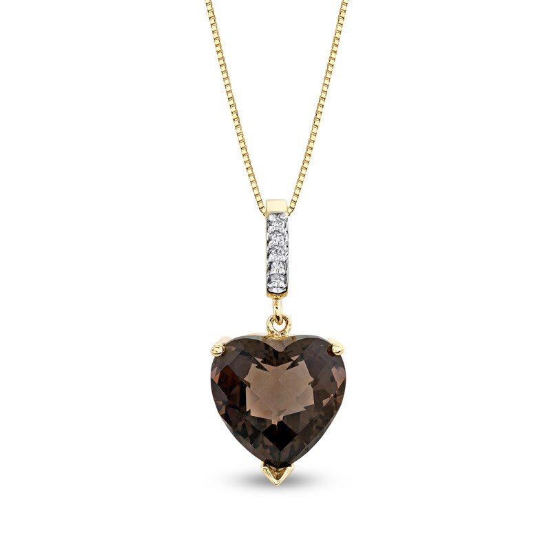 Main Image 1 of 12.0mm Heart-Shaped Faceted Smoky Quartz and Diamond Accent Linear Drop Pendant in 14K Gold