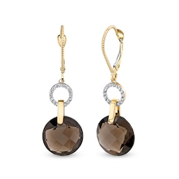 12.0mm Faceted Smoky Quartz and 1/6 CT. T.W. Diamond Open Circle Rope-Textured Drop Earrings in 14K Gold