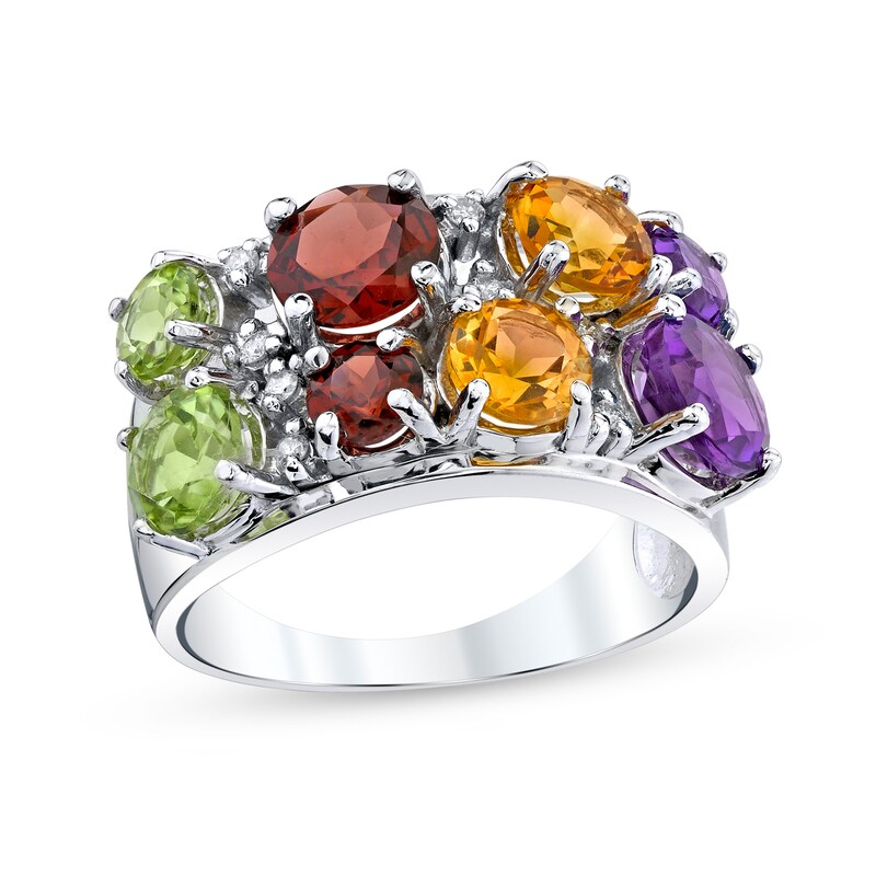 Main Image 1 of Multi-Gemstone and 1/10 CT. T.W. Diamond Double Row Ring in Sterling Silver