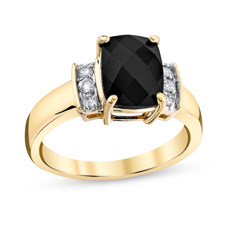 Main Image 1 of Checkerboard Cushion-Cut Onyx and 1/8 CT. T.W. Diamond Collar Ring in 14K Gold