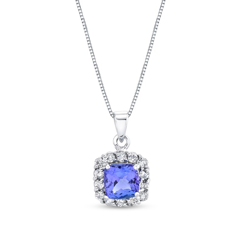 Main Image 1 of 6.0mm Cushion-Cut Tanzanite and 1/4 CT. T.W. Diamond Frame Drop Pendant in 14K White Gold