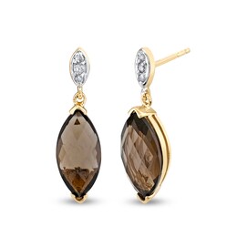 Marquise Smoky Quartz and 1/20 CT. T.W. Diamond Trio in Marquise-Shaped Frame Double Drop Earrings in 14K Gold