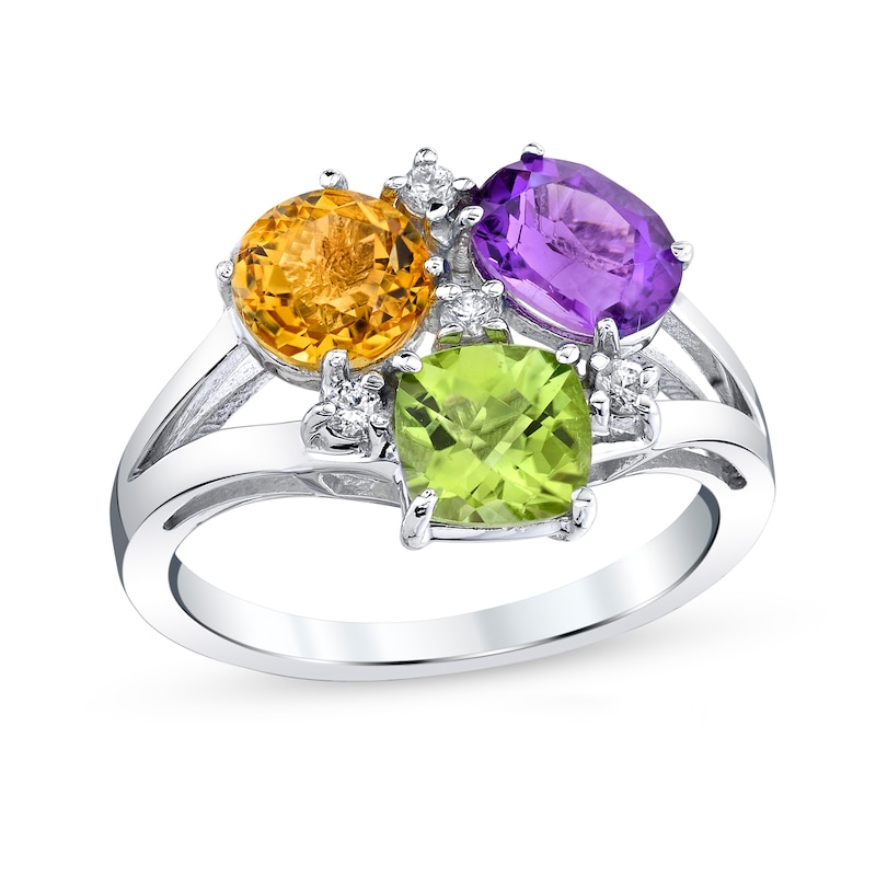 Main Image 1 of Multi-Gemstone and 1/10 CT. T.W. Diamond Scatter Split Shank Ring in 14K White Gold