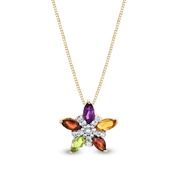 Marquise Multi-Gemstone and 1/10 CT. T.W. Diamond Flower Pendant in 14K Gold