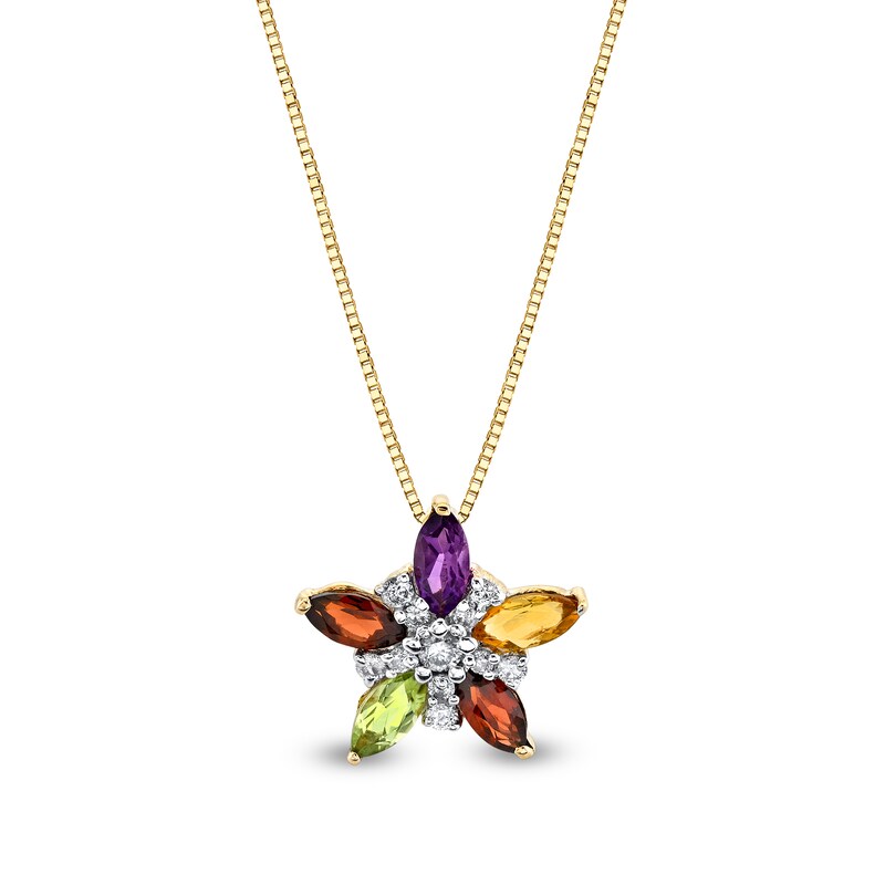 Main Image 1 of Marquise Multi-Gemstone and 1/10 CT. T.W. Diamond Flower Pendant in 14K Gold