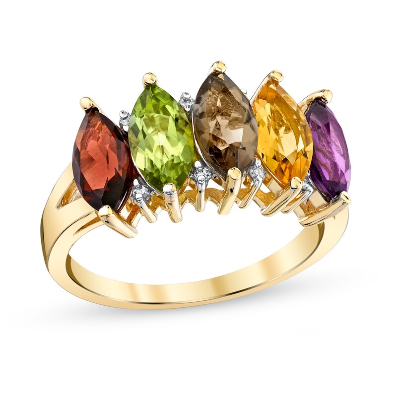 Main Image 1 of Marquise Multi-Gemstone and 1/20 CT. T.W. Diamond Five Stone Split Shank Ring in 14K Gold