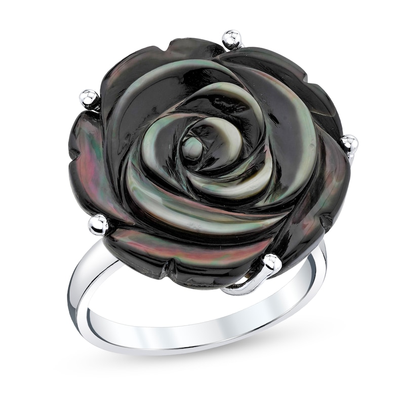 Main Image 1 of Black Mother-of-Pearl Rose Flower Ring in Sterling Silver