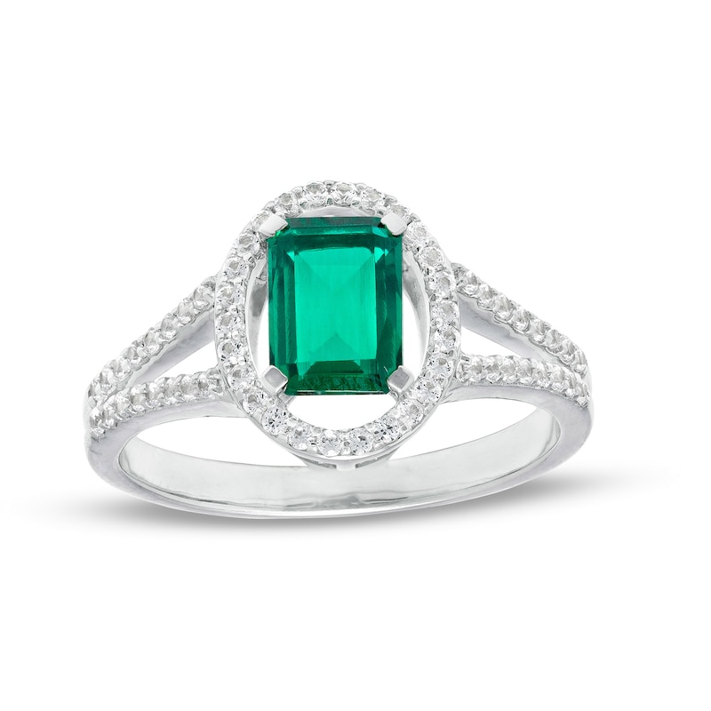 Main Image 1 of Emerald-Cut Lab-Created Emerald and White Sapphire Oval Frame Split Shank Ring in Sterling Silver