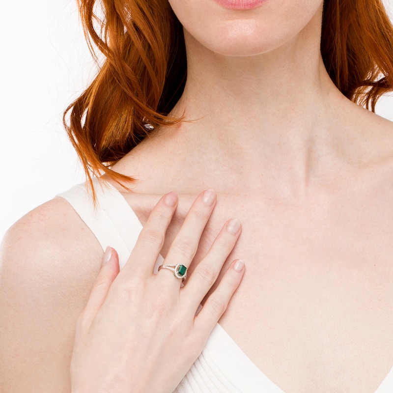 Main Image 2 of Emerald-Cut Lab-Created Emerald and White Sapphire Oval Frame Split Shank Ring in Sterling Silver