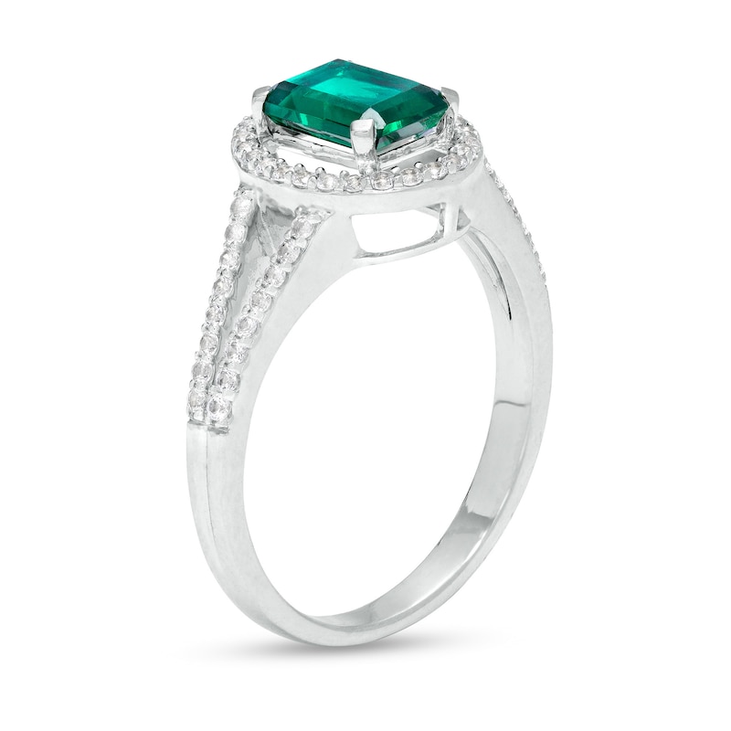Main Image 3 of Emerald-Cut Lab-Created Emerald and White Sapphire Oval Frame Split Shank Ring in Sterling Silver