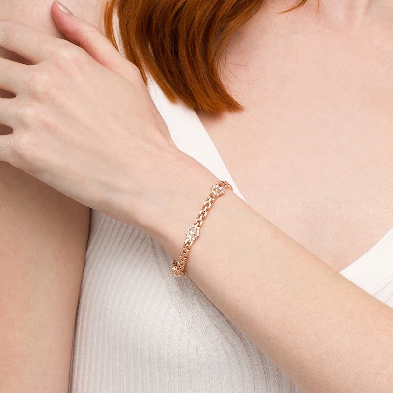 Main Image 2 of Morganite and White Lab-Created Sapphire Sun Watch Link Bracelet in Sterling Silver with 18K Rose Gold Plate - 7.25"